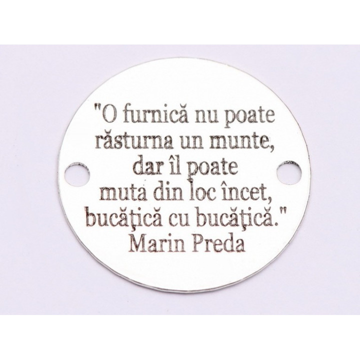 E0707-GS- Link banut argint 925 gravat cu citat Marin Preda 16.5mm diametru  0.33mm grosime