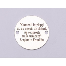 E0704-GS- Link banut argint 925 gravat cu citat Benjamin Franklin  16.5mm diametru  0.33mm grosime