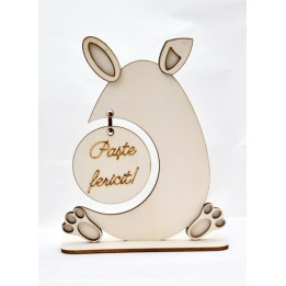 L136-Decoratiune iepuras din lemn cu cerc gravat "Paste Fericit!" 17x21cm