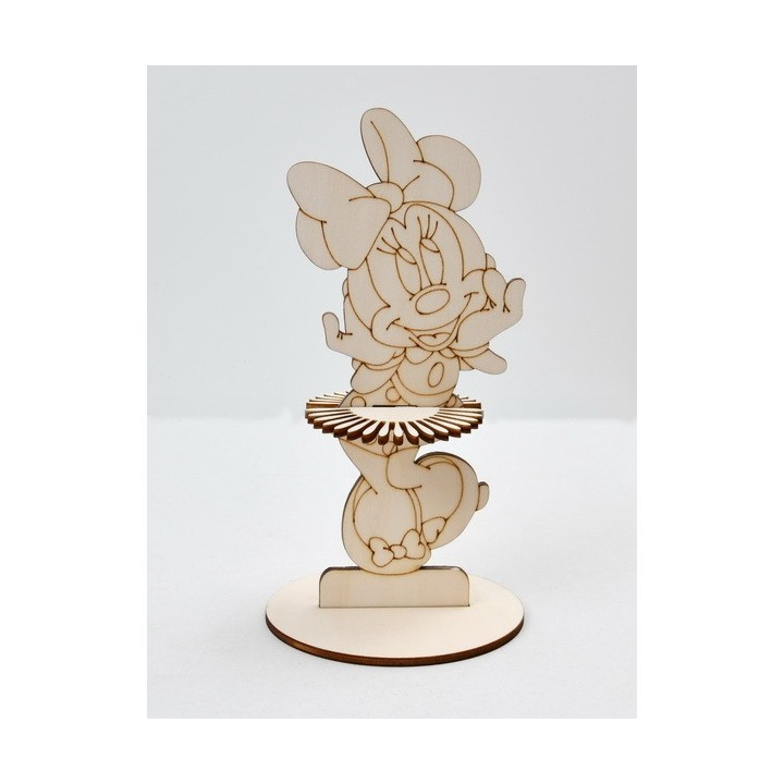 L248- Decupaj din lemn cu suport Minnie Mouse cu rochita 23x10cm