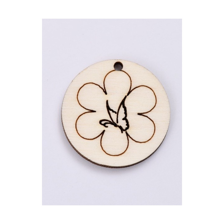 L432-Decupaj lemn rotund 3.5cm Fluturas cu floare  -1 buc