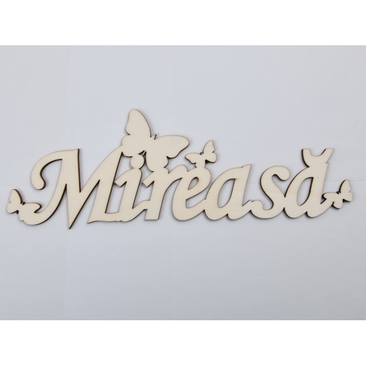 L519-Decupaj lemn text Mireasa cu fluturasi  30x9 cm