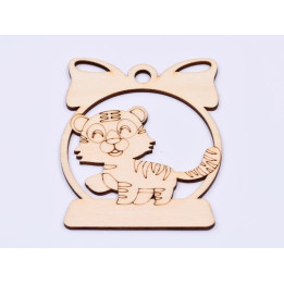 L948- Glob din lemn, Happy tiger 12x10 cm - 1 buc