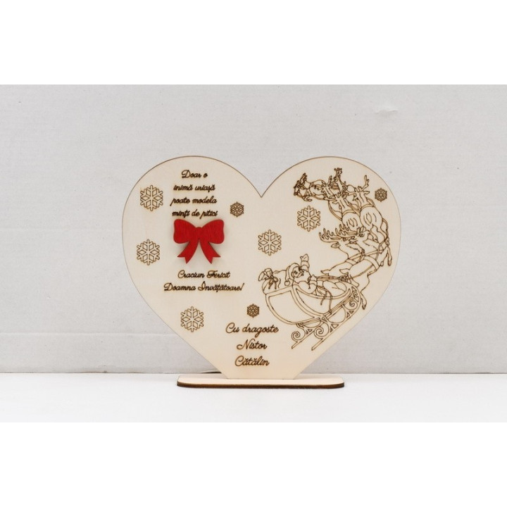 L980 -Decoratiune lemn "Inima cu suport si fundita rosie" 25x21 cm  -1 bucata