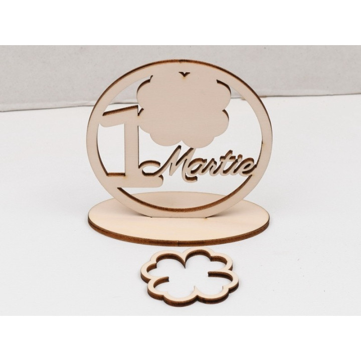 L1070-Decoratiune din lemn 1 Martie cu trifoi si suport -10cm