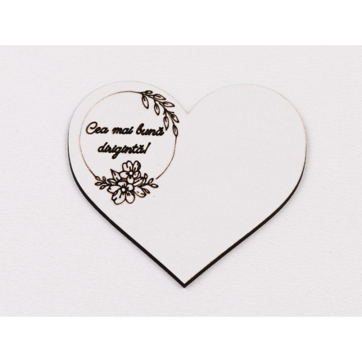 L1077-Decupaj inima flori MDF alb "Cea mai buna diriginta", 6x7cm - 1 buc
