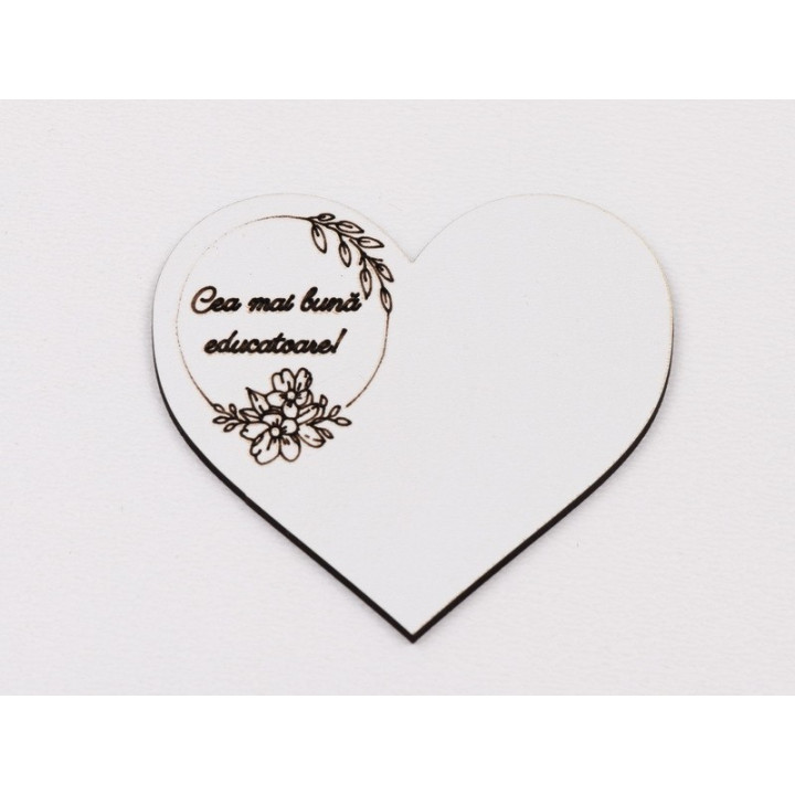 L1079-Decupaj inima flori MDF alb "Cea mai buna educatoare", 6x7cm - 1 buc