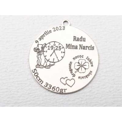 E2054-G Pandant banut din argint cu date de nastere "Simba" 18mm- 1 buc - bijuterii personalizate din argint | simoshop