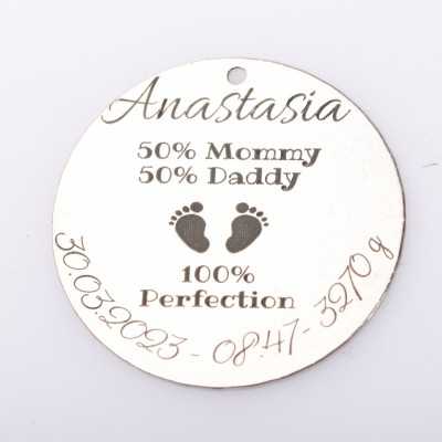 S0027-G Pandant argint pentru botez 50/50 cu datele de nastere 22mm - bijuterii personalizate din argint | simoshop