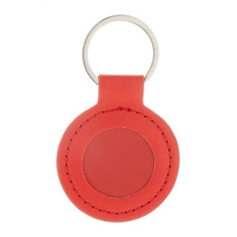 Breloc piele ecologica rosie si suprafata de inox cauciucata personalizabila