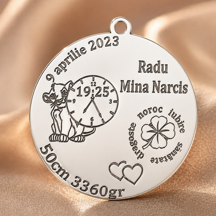 Pandant banut din argint  cu date de nastere "Simba" 18mm