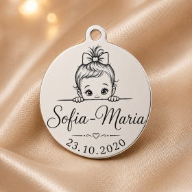 S206 - Pandant banut din argint pentru botez de 22mm fetita cu fundita - bijuterii personalizate din argint | simoshop