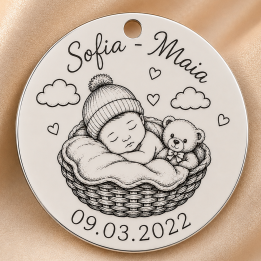 S209 - Pandant banut din argint pentru botez de 22mm personalizabil model bebe in cosulet