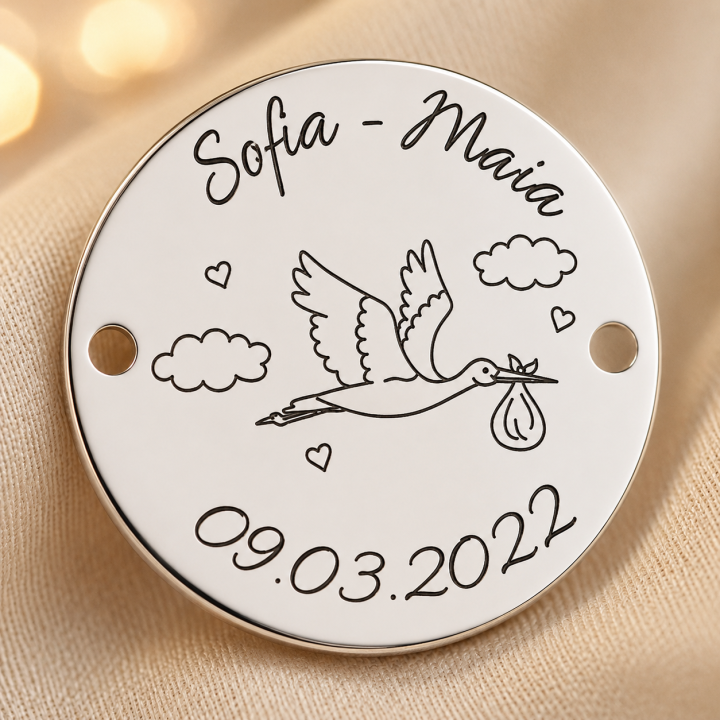 S131 - Serviciu de gravura personalizata banut barza cu datele de nastere - 1 buc - bijuterii personalizate din argint | simosho