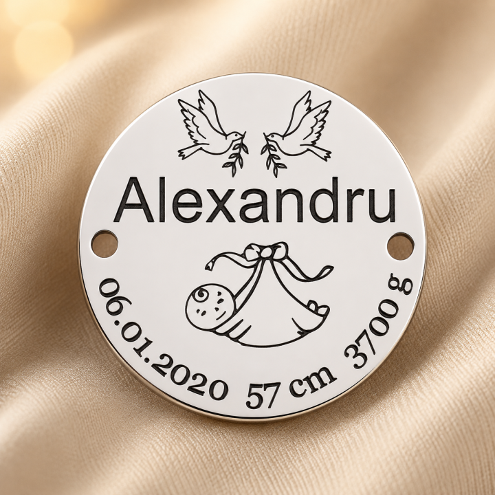S116 - Serviciu de gravura personalizata banut cu datele de nastere si porumbei - bijuterii personalizate din argint | simoshop