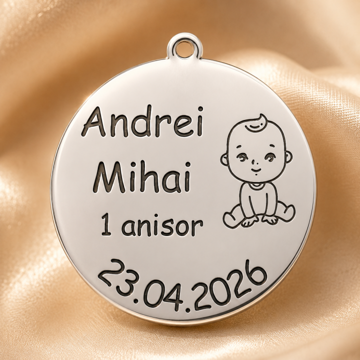 Banut de botez personalizat cu bebelus baietel sau fetita din Argint 925 gravat cu nume, varsta si data – 22 mm, 0.3 mm – S0239