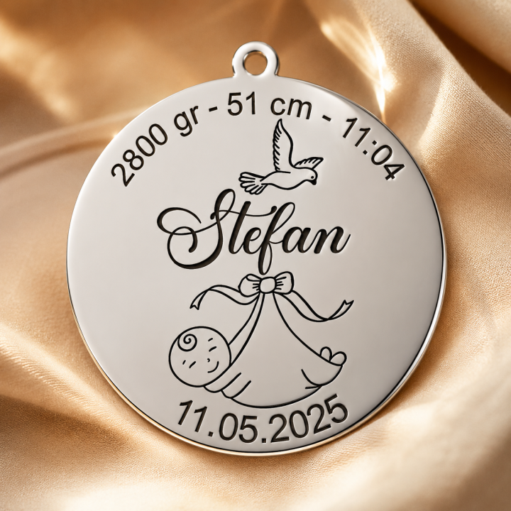 Banut de Botez Personalizat Argint 925 cu Nume si Date Nastere, Baietel - Fetita, 22 mm – S0241