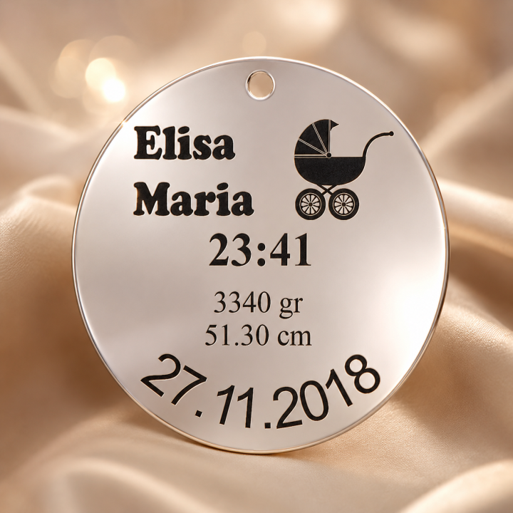 Banut de Mot Personalizat din Argint 925 cu Nume, Data Nasterii si Carucior 22 mm 0.3mm S102 - bijuterii personalizate din argin