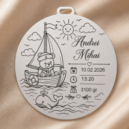 Banut de mot din argint personalizat 925 cu ursulet marinar si gravura nume bebe 22 mm S0272