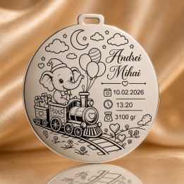 Banut de mot din argint 925 personalizat cu elefant in trenulet - Nume si date nastere 22 mm S0278