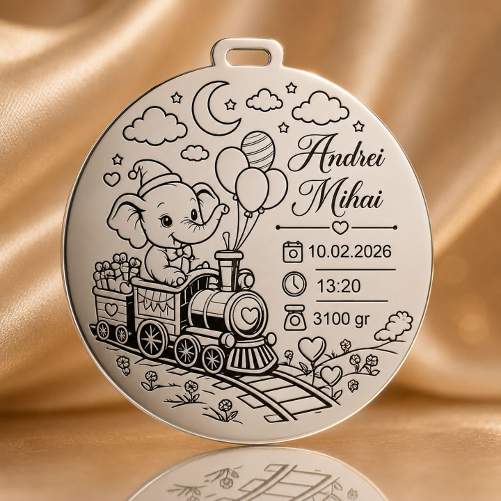 Banut de mot din argint 925 personalizat cu elefant in trenulet - Nume si date nastere 22 mm S0278