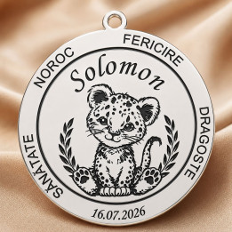 Banut de Mot din Argint 925 Personalizat cu Pui de Leopard, Nume si Data 22 mm S0282