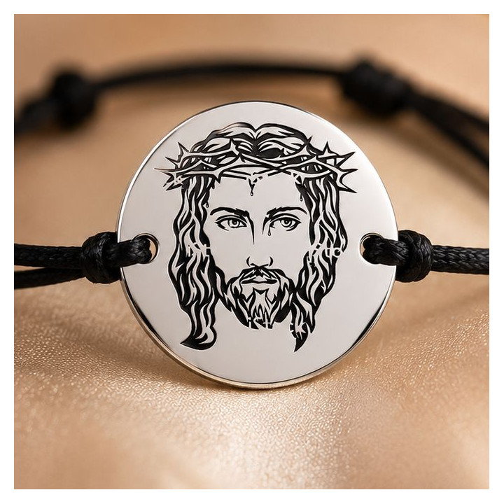 Bratara Iisus Hristos cu Coroana de Spini - banut 16.5mm argint 925 si snur negru reglabil S0283