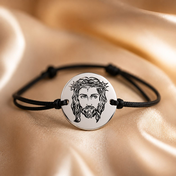 Bratara Iisus Hristos cu Coroana de Spini - banut 16.5mm argint 925 si snur negru reglabil S0283