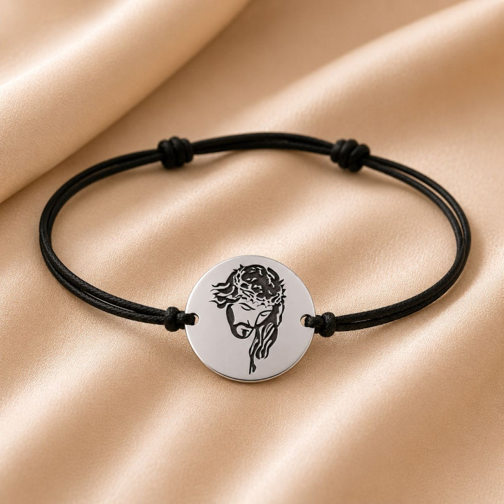 Bratara cu snur negru si link Isus din argint 925 rotund 16.5 mm reglabila S0438 - bijuterii personalizate din argint | simoshop