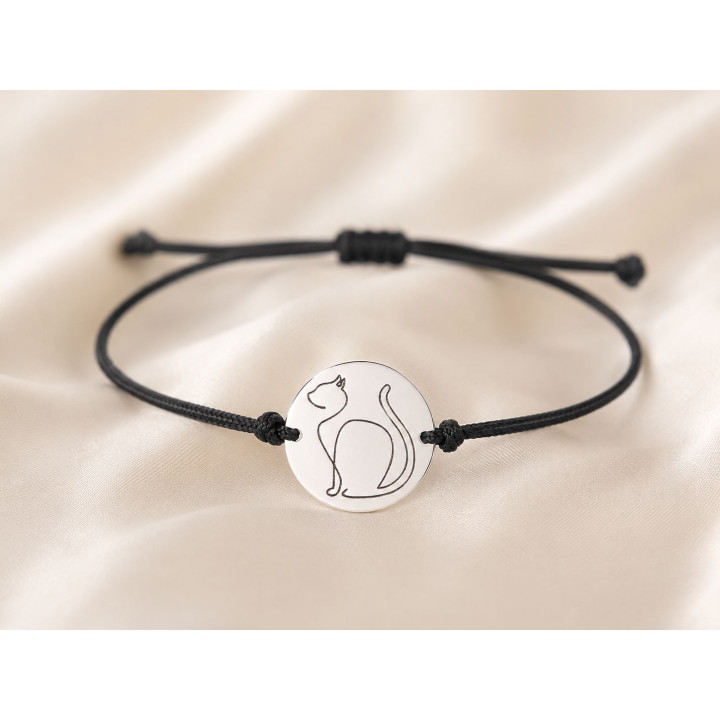 Bratara cu snur negru si banut din Argint 925 cu Pisica decupata 16.5 mm reglabila E1367 - bijuterii personalizate din argint |