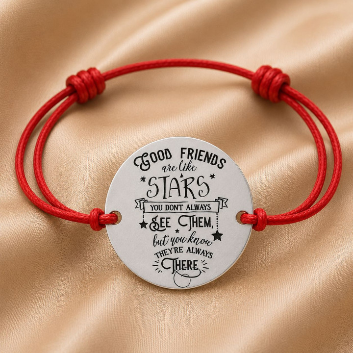 Bratara cu snur rosu reglabil si banut din Argint 925 Good Friends Are Like Stars 16.5 mm S0452