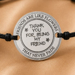 Bratara cu snur negru reglabil si banut din Argint 925 Friends Are Like Flowers 16.5 mm