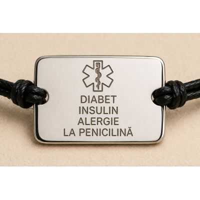 Brățară Medicală cu Șnur, Plăcuță Mare Argint 925 | SimoShop