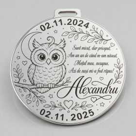 Bănuț de moț argint 925 cu bufniță, personalizat 22 mm