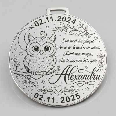 Bănuț de moț argint 925 cu bufniță, personalizat 22 mm