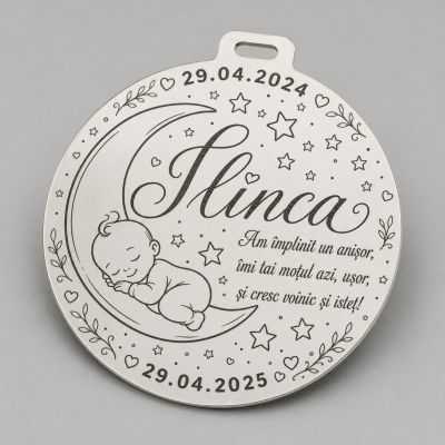 Bănuț de moț argint 925 bebeluș pe lună personalizat 22 mm