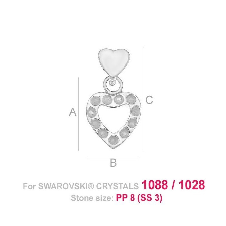 G1658- Pandantiv inimioara cu agatatoare si loc pentru 11 cristale swarovski PP9  - 1buc - bijuterii personalizate din argint | 