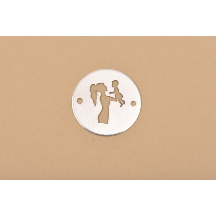 LASER-CUT-003-Link rotund din argint 925 diametru 16.5mm decupat model cu mama si copilul 1 buc
