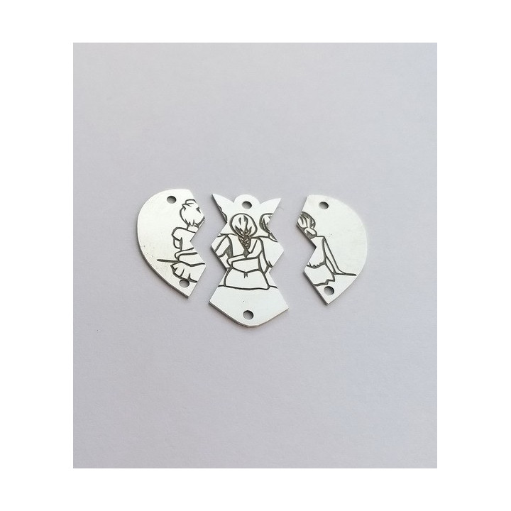 E0302-G-Decupaj link inima decupata 3 surori/prietene din argint 925 25x23mm 0.5mm-1 buc
